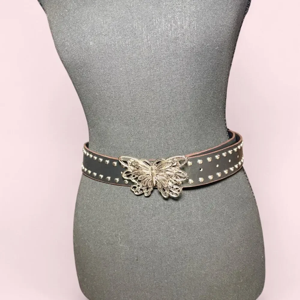 Black studded belt with silver butterfly buckle Coquette fairycore whimsigoth